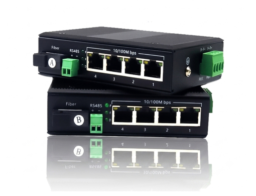Industrial RS485 Plus 4 Port Fast Ethernet Single Fiber SC Switch สวิตช์ไฟเบอร์อุตสาหกรรม RS485 1 ช่อง พร้อม 4 พอร์ต Ethernet 100Mbps แบบ Single Fiber SC
