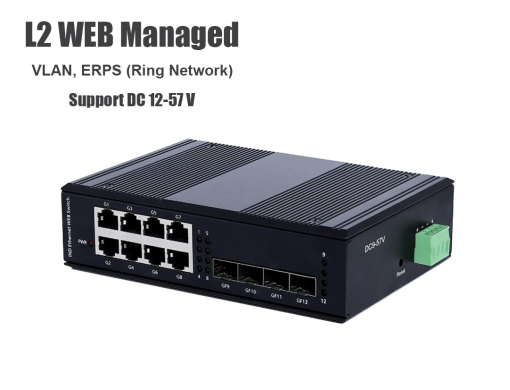 สวิตช์ Gigabit อุตสาหกรรม L2 แบบจัดการได้ 8 พอร์ต + 4 SFP รองรับการกำหนดค่าผ่านเว็บ รองรับ STP, VLAN, QoS, ERPS