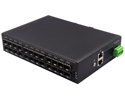 Gigabit SFP 24 ช่อง และ RJ45 Uplink 2 ช่อง บนสวิตช์อุตสาหกรรม HM Industrial Gigabit Switch SFP 24 Port + 2 RJ45 Uplink แบรนด์ HM เกรดอุตสาหกรรม