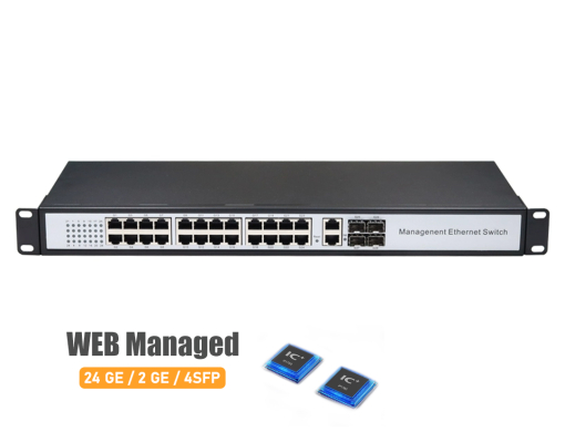 สวิตช์เครือข่ายระดับ Layer 2 จำนวน 24 พอร์ต Gigabit 2 Uplink และ 4 SFP สำหรับองค์กร รองรับการจัดการผ่าน WEB Browser