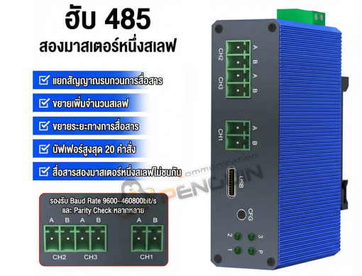 ฮับ RS485 อุตสาหกรรม 2 Master 1 Slave 3 พอร์ต RS485 รองรับ DC 6–60V ติดตั้งราง DIN