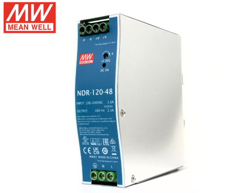 MEANWELL รุ่น NDR-120-48 แหล่งจ่ายไฟแบบติดราง DIN คุณภาพสูง ให้พลังงานที่เสถียรและเชื่อถือได้ เหมาะสำหรับงานระบบอัตโนมัติในภาคอุตสาหกรรม กล้องวงจรปิด และอุปกรณ์ควบคุมต่างๆ