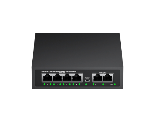 HX-X0402PE สวิตช์ PoE 4+2 พอร์ต 100Mbps | 60W | 802.3af/at สวิตช์ PoE 100Mbps 4 PoE 2 Uplink รุ่น HX-X0402PE กำลังไฟรวม 60W