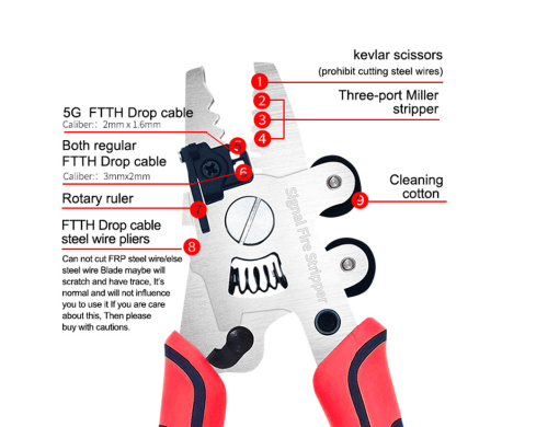 SIGNAL FIRE ZSQ-09 FTTH Drop Cable 9-in-1 Stripper & Kevlar Scissors สำหรับงานติดตั้งไฟเบอร์ออปติก SIGNAL FIRE ZSQ-09 คีมปอกสายไฟเบอร์ออปติก FTTH Drop Cable 9-in-1 พร้อมกรรไกรเคฟลาร์และ Miller stripper