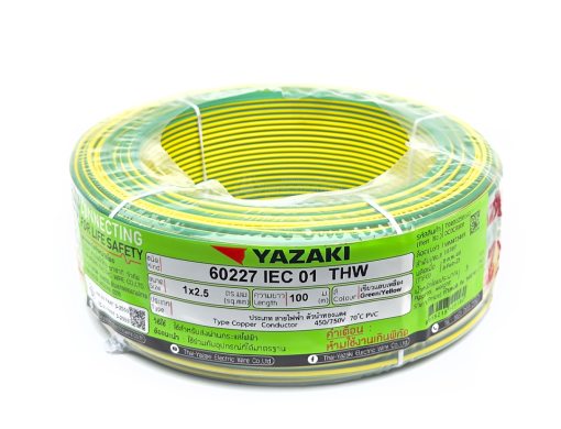 YAZAKI สายไฟ 60227 IEC 01 THW ขนาด 1x2.5 ตร.มม. สีเขียว/เหลือง (Green/Yellow) ยาว 100 เมตร