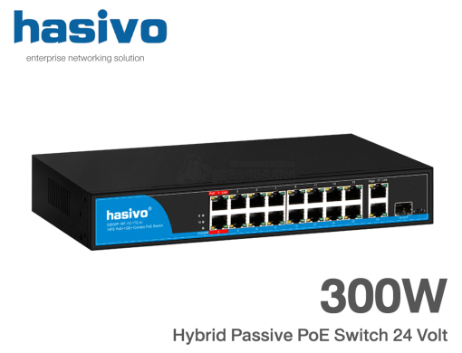 Passive PoE Switch 24V (Hybrid) 16 Port + 1 GE Uplink + 1 GE (COMBO) 300W