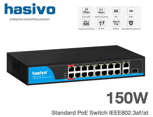 Hasivo S2600P-16F-1G-1TC-AI POE Switch 16 Port 100M + 1 Gigabit Ethernet Uplink + 1 Combo อุปกรณ์เน็ตเวิร์กสวิตช์แบบจ่ายไฟหร้อมรับส่งข้อมูล