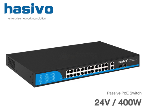 24V Passive PoE Switch Hybrid 24 Port + 2 Gigabit Uplink (COMBO) กำลังไฟ 400W ยี่ห้อ hasivo รุ่น S5800P-24F-2TC-FB(24) อุปกรณ๋เน็ตเวิร์คสวิตช์ จ่ายไฟ 24V