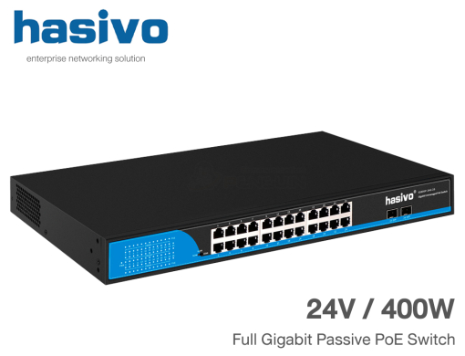 Full Gigabit Passive PoE Switch (24V) 24 Port + 2 SFP 400W | hasivo รุ่น S5800P-24G-2S-FB(24)