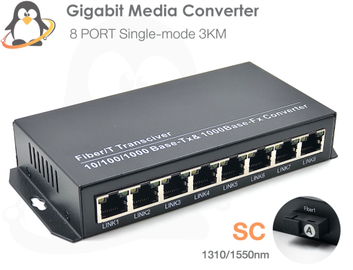 Fiber Optic Media Converter 8 Gigabit Ethernet Port 10/100/1000 Mbps.& SC Fiber Port Tx1310/Rx1550 Speed 1.25G ระยะ 3 กิโลเมตร