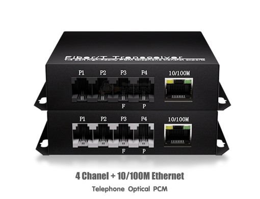 ตัวแปลงสัญญาณโทรศัพท์ PCM หรือ Voice 4 ช่อง และ Ethernet Port ความเร็ม 10/100 Mbps. 1 ช่อง ผ่านใยแก้วนำแสง ไฟเบอร์ออปติก