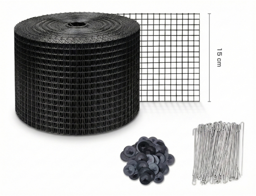 ตาข่ายกั้นนก แผงโซลาร์ 6 นิ้ว × 30 เมตร พร้อมคลิปล็อค 80 ชุด ตาข่ายกั้นนกสำหรับแผงโซลาร์เซลล์ หน้ากว้าง 6 นิ้ว ยาว 30 เมตร พร้อมคลิปล็อค