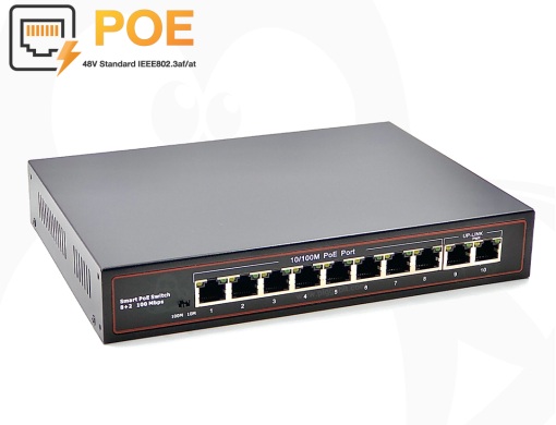 Standard PoE Switch (IEEE802.3af/at) 8 Port POE 10/100M + 2 Ethernet Uplink Port (10/100M) สำหรับ กล้องวงจรปิด IP Camera หรือ Wireless Access Point