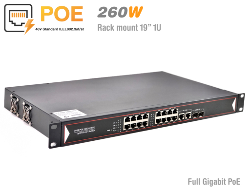 Gigabit PoE Switch 16 PoE + 2 GE + 2 SPF (19" Rack Mount 1U)