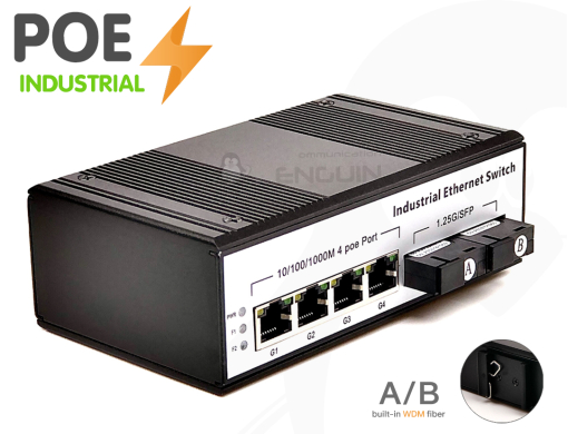 Gigabit Industrial POE Switch 4 Port + 2 SC (Built-in Fiber A/B) 20 KM Single-mode