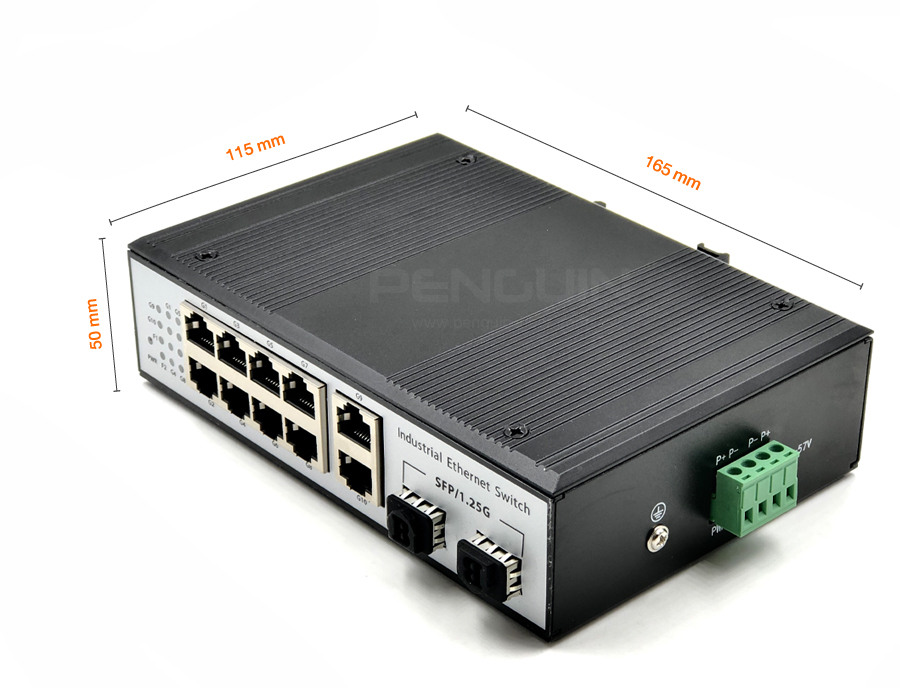 Industrial Network Switch 8 Port + 2 Gigabit Uplink + 2 SFP 1.25G เชื่อมต่อไฟเบอร์ออปติก (Fiber Optic) ด้วย SFP Module ความเร็ว 1.25G