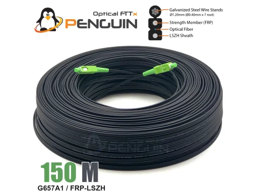 สายไฟเบอร์ออฟติก 1 คอร์ SC/APC Single-mode, G.657A1 พร้อมสายสลิง Messenger Wire ความยาว 150 เมตร