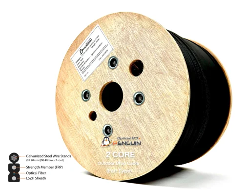 สายไฟเบอร์ออปติก 2 คอร์ Single-mode (9/125um) ขนาดม้วน 1000 เมตร หุ้มด้วย FRP-LSZH พร้อมสลิงฝอย เพิ่มความทนทาน